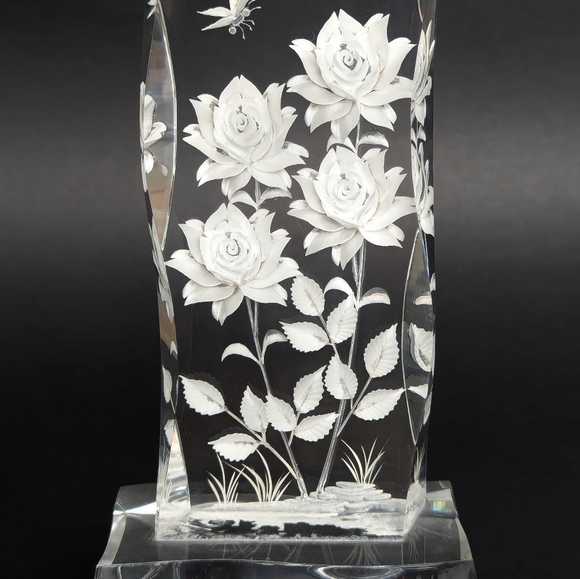 Vintage Reverse Carved Rose & Butterfly Design Lucite / Acrylic Paperweight - Picture 2 of 11